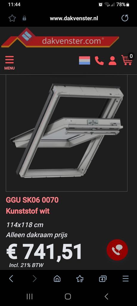 Compleet dakraam, grijs, velux, 114x118 GGU kuststof, Doe-het-zelf en Verbouw, Glas en Ramen, Gebruikt, Dakraam, 80 tot 120 cm
