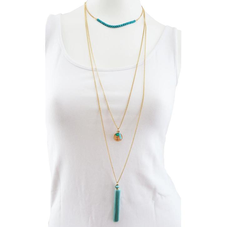 3 dubbele ketting goud met blauw, Nieuw in verpakking, Sieraden, Tassen en Uiterlijk, Kettingen, Nieuw, Overige materialen, Goud