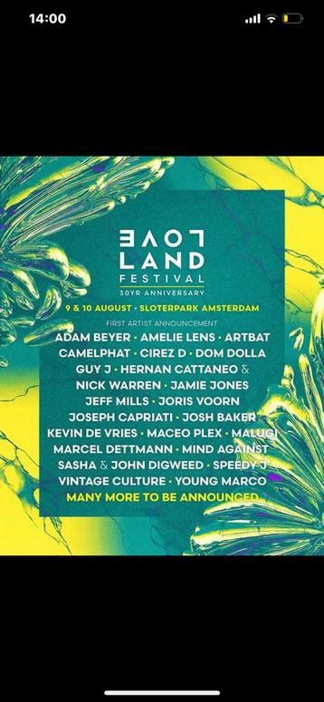 1 kaartje Lovelamd festival zondag 10 augustus beschikbaar voor biedingen