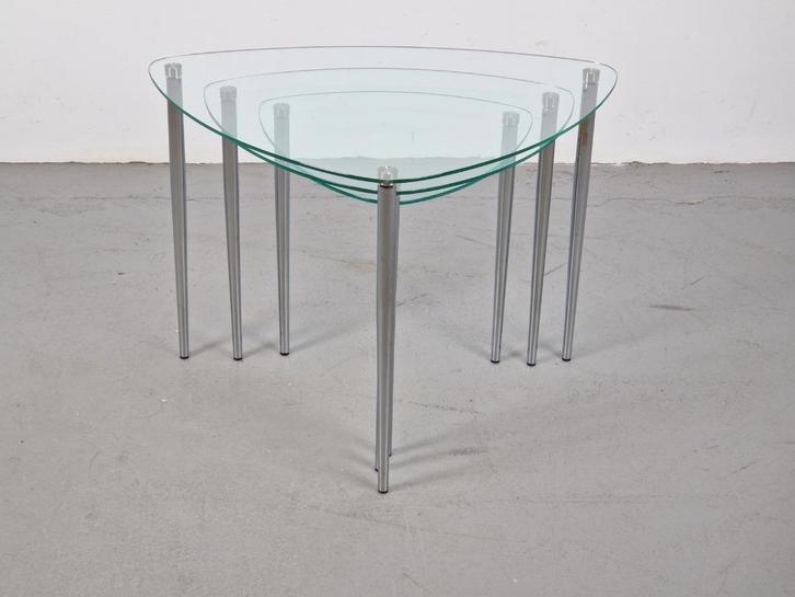Set 3 Nesting bijzettafels glas Chrome Italy ´60 mimiset, Huis en Inrichting, Tafels | Bijzettafels, Gebruikt, Overige vormen