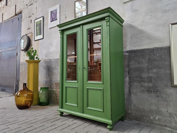 Houten Vitrine Kast Groene Vintage Vitrinekast Landelijk 3, Huis en Inrichting, Kasten | Vitrinekasten, Gebruikt, 150 tot 200 cm