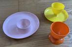 Eierdopjes kunststof 3 stuks roze oranje geel vintage, Huis en Inrichting, Ophalen of Verzenden, Gebruikt