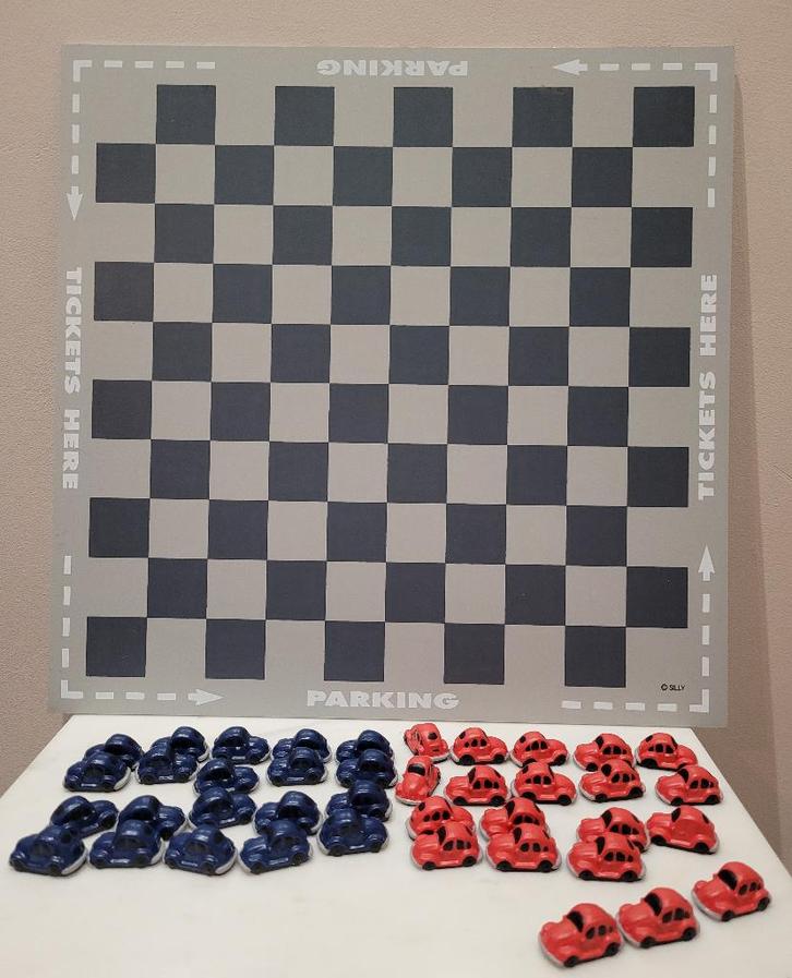 Dambord met volkswagentjes, Hobby en Vrije tijd, Gezelschapsspellen | Bordspellen, Zo goed als nieuw, Een of twee spelers, Ophalen of Verzenden