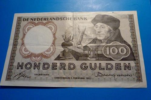 Zeer mooi BANKBILJET van 100 Gulden 1953 - type ERASMUS !, Postzegels en Munten, Bankbiljetten | Nederland, Los biljet, 100 gulden