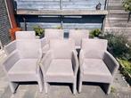 6 grijze stoffen eerkamerstoelen op wieltjes, Huis en Inrichting, Stoelen, Ophalen, Gebruikt, Grijs, Eén