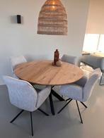 Ronde eiken tafel 130cm naturel met draaibare stoelen, 100 tot 150 cm, Zo goed als nieuw, Rechthoekig, 50 tot 100 cm