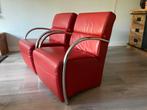 2 rode leren fauteuils, Huis en Inrichting, Fauteuils, Ophalen, Gebruikt, 75 tot 100 cm, Metaal