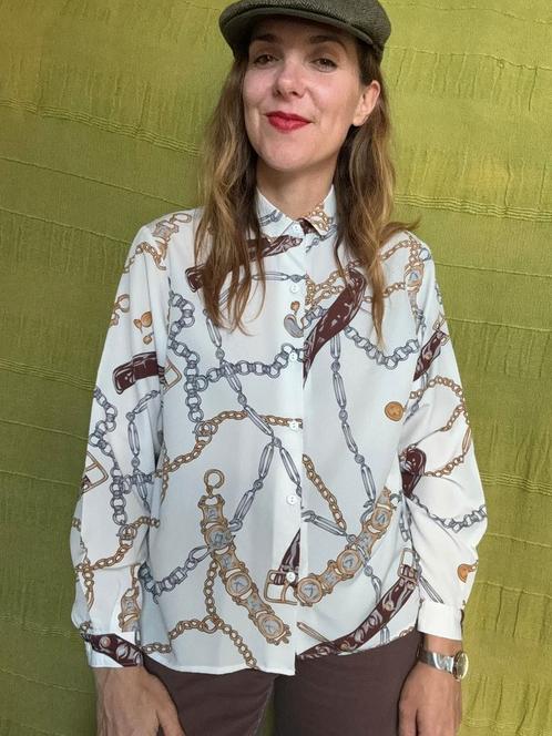 Vintage blouse, maat 36/38 - S/M - wit, goud & zilver - 90's, Kleding | Dames, Blouses en Tunieken, Gedragen, Maat 36 (S), Wit