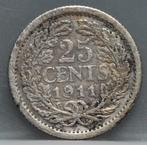Zilveren kwartje 1911 - 25 cent 1911 Wilhelmina, Postzegels en Munten, Munten | Nederland, Zilver, Koningin Wilhelmina, Losse munt