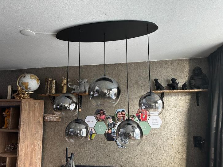 5 lichts hanglamp ovaal mat zwart met titanium glas, Huis en Inrichting, Lampen | Hanglampen, Zo goed als nieuw, Minder dan 50 cm