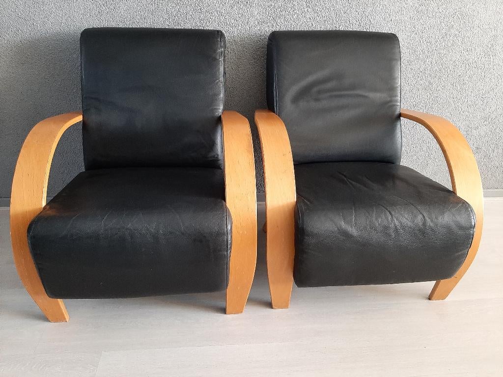 2 zwart leren design Helion Fauteuil Bovine ( optie bezorgd), Huis en Inrichting, Ophalen, Gebruikt, 75 tot 100 cm, Leer