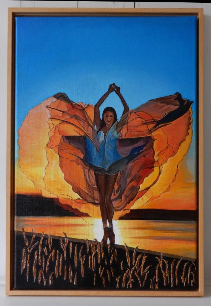 Schilderij ballerina bij zonsondergang, Antiek en Kunst, Kunst | Schilderijen | Modern, Ophalen of Verzenden