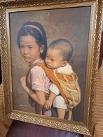 Aziatische Kinderen Schilderij door F. Tsoy, Antiek en Kunst, Ophalen of Verzenden