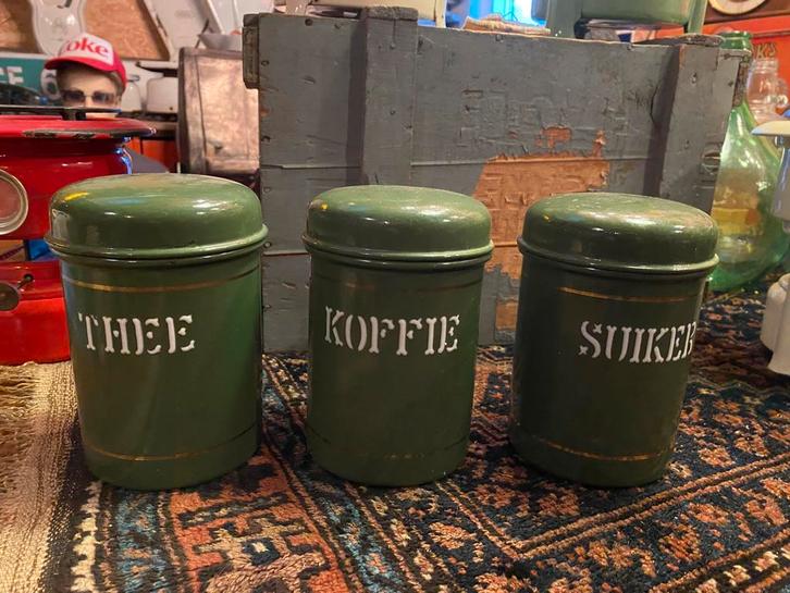 Donkergroen emaille koffie thee suiker bussen, Antiek en Kunst, Antiek | Emaille, Ophalen of Verzenden
