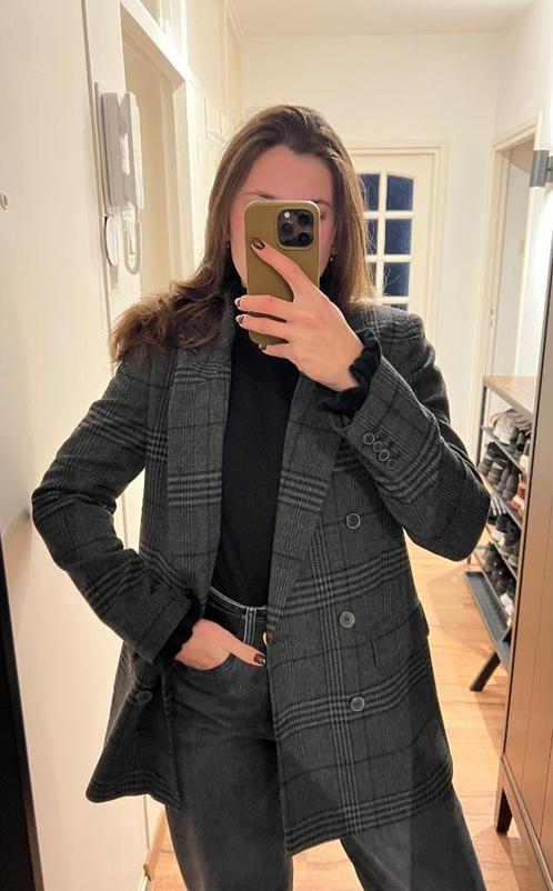 Zara Blend Check Double Breasted Grey Blazer, Kleding | Dames, Jasjes, Kostuums en Pakken, Zo goed als nieuw, Jasje, Maat 36 (S)