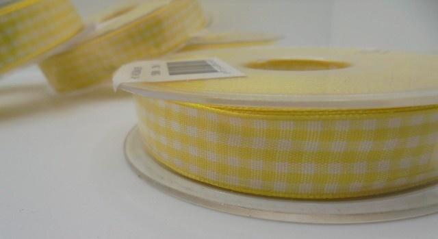 LINT SATIJN SATIJNLINT GEEL WIT GEBLOKT 15 MM 25 MTR NIEUW, Hobby en Vrije tijd, Naaien en Fournituren, Nieuw, Lint, Band of Elastiek