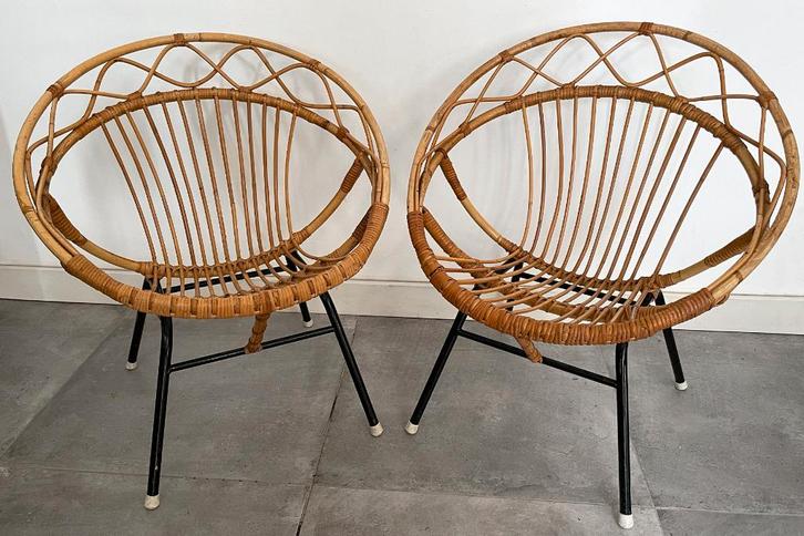 Twee vintage, midcentury Rohé rotan stoelen, retro, Verzamelen, Retro, Huis en Inrichting, Ophalen