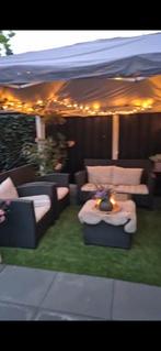 Antraciet loungeset: 2 stoelen, bank, tafel (andere kussens), Ophalen, 4 zitplaatsen, Kunststof, Gebruikt