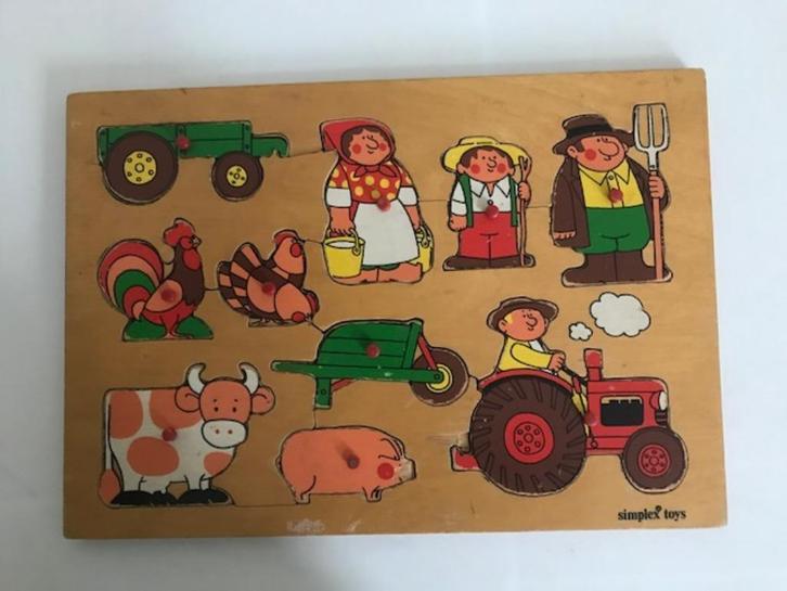 Oude houten vintage puzzel. Boerderij thema. Simplex toys., Kinderen en Baby's, Speelgoed | Kinderpuzzels, Gebruikt, 10 tot 50 stukjes