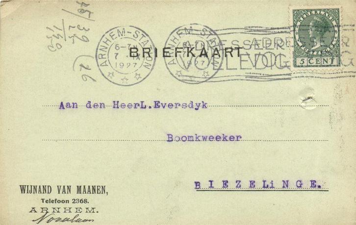 Wijnand van Maanen, Arnhem. - 09.1927 - briefkaart, Postzegels en Munten, Brieven en Enveloppen | Nederland, Envelop, Ophalen of Verzenden