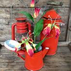Package deal emaille melkkan, koffiekan en stormlamp in rood, Ophalen of Verzenden
