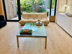 Unieke mid-century salontafel in glas & RVS, Bauhaus, Huis en Inrichting, Bauhaus, 100 tot 150 cm, Zo goed als nieuw, Glas