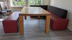 Nette rood/bruine hoekbank en bankje + gratis eiken tafel, Huis en Inrichting, Ophalen, Zo goed als nieuw, Stof, Strak en robuust