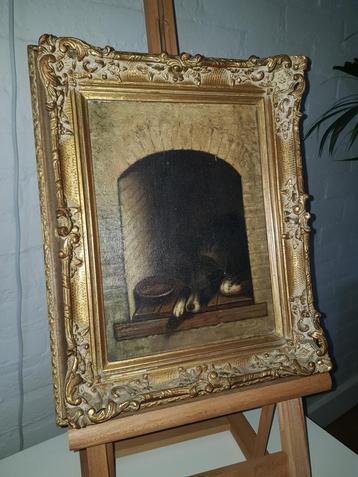 Antiek olieverf schilderij met hond in de schouw 