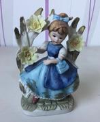 Porcelain flower girl figurine blue purse gold, Ophalen of Verzenden, Gebruikt