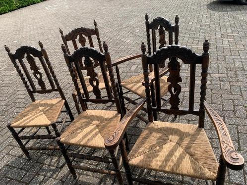 5 antieke oud Hollandse biezen knopstoelen, Antiek en Kunst, Antiek | Meubels | Stoelen en Banken, Ophalen