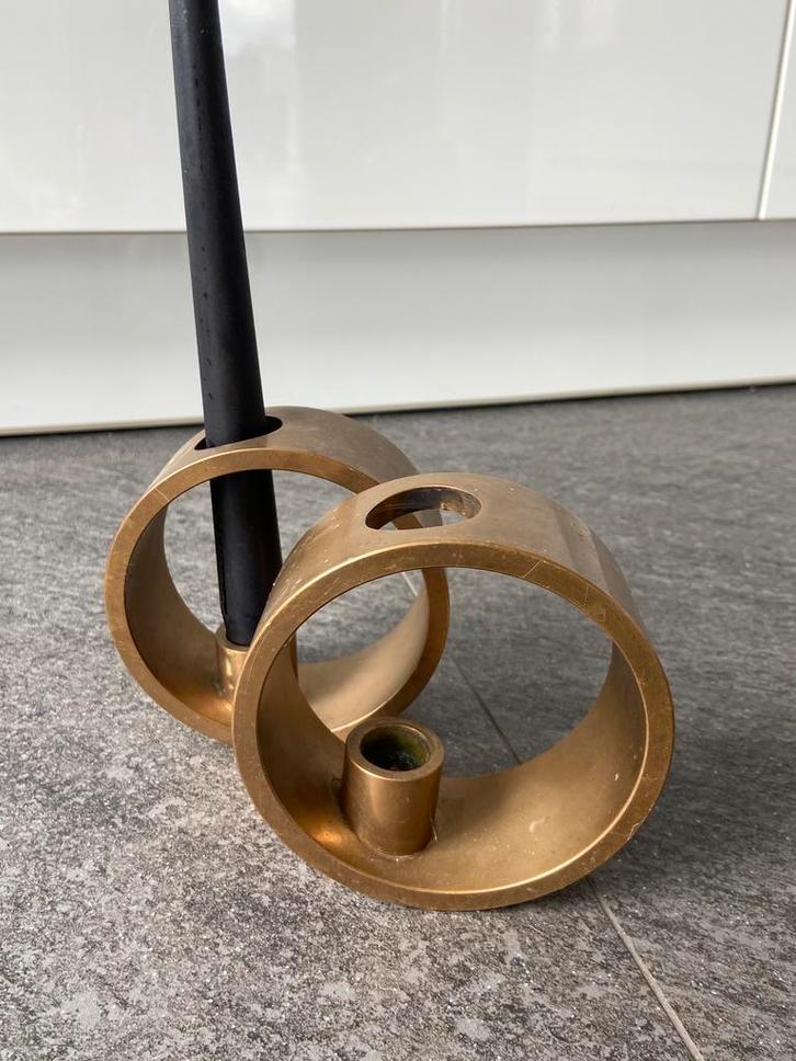 Design kandelaars zwaar messing cirkels rond modern, Antiek en Kunst, Antiek | Kandelaars, Koper of Brons, Ophalen of Verzenden