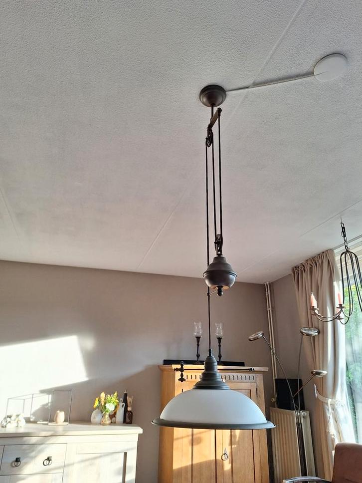 Retro Hanglamp met Katrol, Huis en Inrichting, Lampen | Hanglampen, Gebruikt, 75 cm of meer, Glas, Metaal, Ophalen of Verzenden