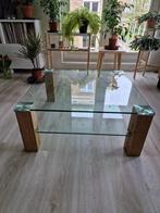 glazen salontafel met eikenhouten poten, Huis en Inrichting, 50 tot 100 cm, Minder dan 50 cm, Eikenhout, Strak, modern