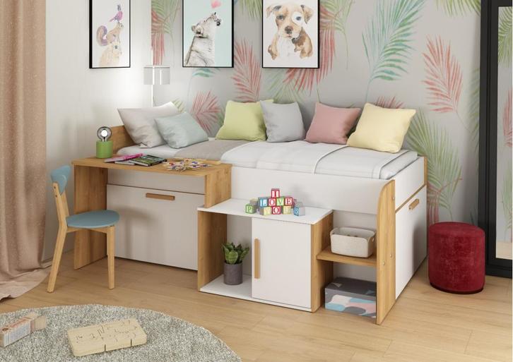 Sacha kajuitbed met bureau en bergruimte - Wit/eiken, Kinderen en Baby's, Kinderkamer | Bedden