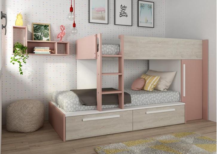 Jules stapelbed met kast en lades - 90x200 - Oudroze, Huis en Inrichting, Slaapkamer | Bedden