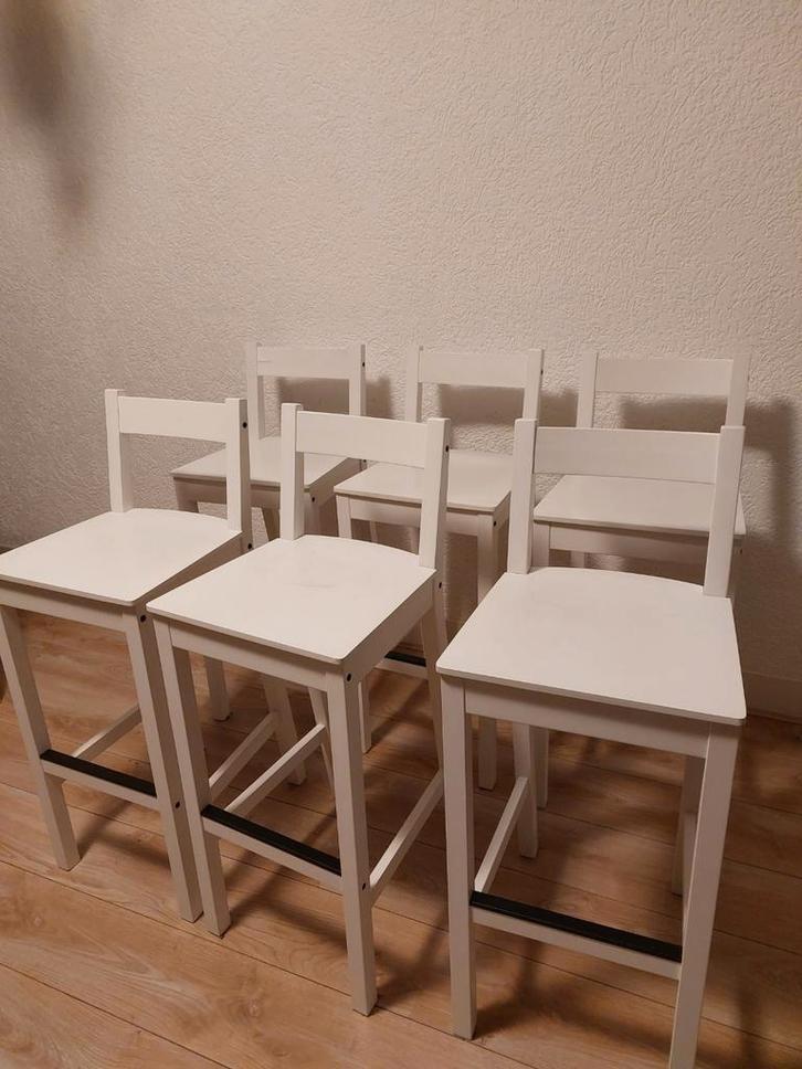 6 barstoelen Ikea Nordviken, Huis en Inrichting, Barkrukken, Zo goed als nieuw, 60 tot 90 cm, Hout, 5 krukken of meer, Met voetsteun