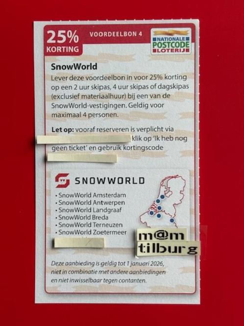 Voordeelbon 4 SnowWorld 25% korting voor max. 4 personen, Tickets en Kaartjes, Kortingen en Cadeaubonnen, Drie personen of meer