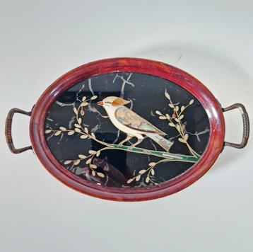 Antiek 1 kops dienblaadje met glas schildering dienblad beschikbaar voor biedingen