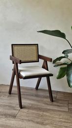 Japandi eetkamerstoel – hout & rattan – met armleuning, Ophalen, Japandi, Bruin, Riet of Rotan