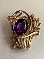 Antieke Biedermeier 14 kt. gouden broche mandje met amethist, Sieraden, Tassen en Uiterlijk, Antieke sieraden, Verzenden, Overige materialen