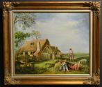 Schilderij Rust in boerenland - Olieverf, lijst goud verguld, Ophalen of Verzenden