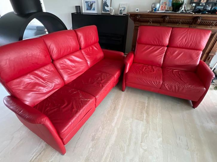 Rode leren bankstel: 2-zits en 3-zits, Huis en Inrichting, Banken | Bankstellen, Gebruikt, Rechte bank, Vierpersoons of meer, 75 tot 100 cm