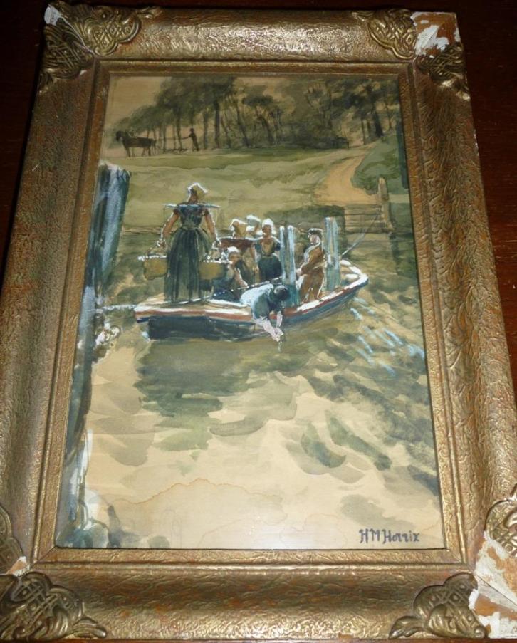 Aquarel - 1890 - Mathieu HORRIX - Overzetveer Arnemuiden, Antiek en Kunst, Kunst | Schilderijen | Klassiek, Ophalen