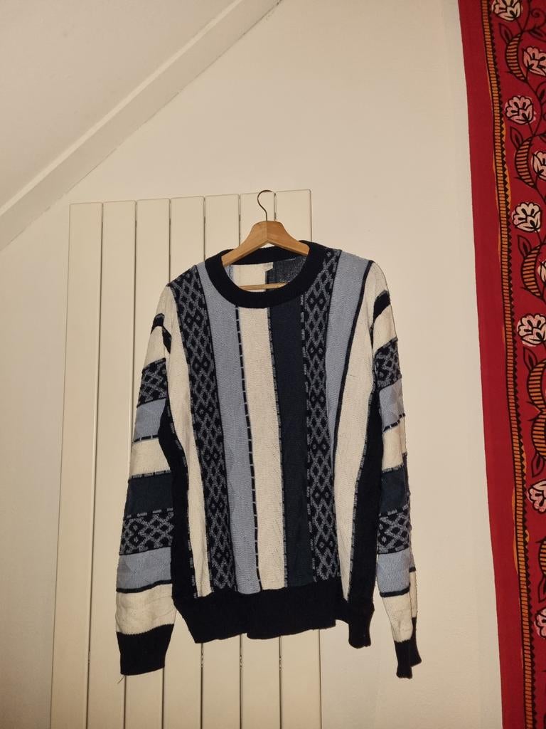 Vintage Blauw-Witte Oversized Sweater - Maat M, Vintage, Ophalen of Verzenden, Gedragen, Maat 48/50 (M)