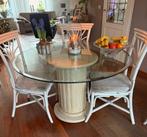 Eettafel met fossiel stenen zuil en glasplaat, Ophalen, Modern design, Gebruikt, Rond