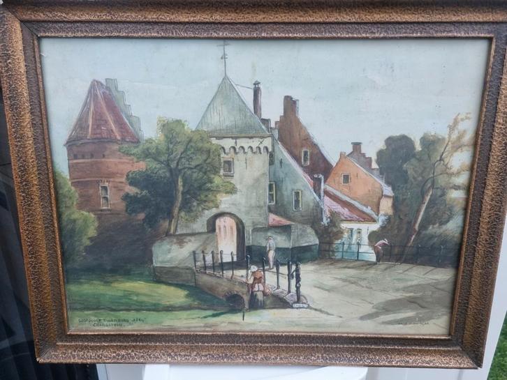 Slotpoort Culemborg 1864 - Schilderij, Antiek en Kunst, Kunst | Schilderijen | Klassiek, Ophalen of Verzenden