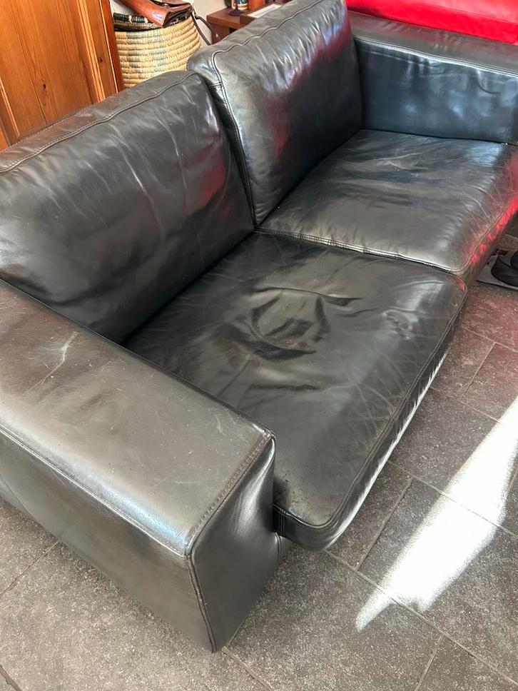 Leren bank - Zwart, Huis en Inrichting, Banken | Bankstellen, Gebruikt, Rechte bank, Driepersoons, 300 cm of meer, 75 tot 100 cm