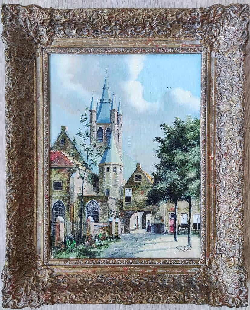 G.J. Dispo (1922-1973) - Gezicht op het Prinsenhof in Delft, Antiek en Kunst, Kunst | Schilderijen | Klassiek, Ophalen of Verzenden