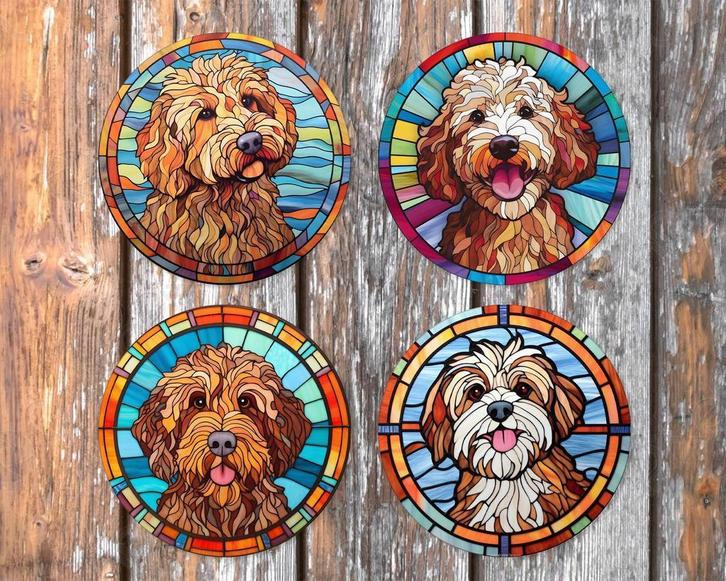 Labradoodle Glas in Lood onderzetters met houder rond, Huis en Inrichting, Woonaccessoires | Onderzetters, Nieuw, Glas of Kopje