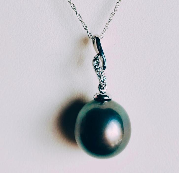 Tahiti parel hangertje met diamanten,  ketting, Sieraden, Tassen en Uiterlijk, Kettinghangers, Nieuw, Goud, Zilver, Met edelsteen